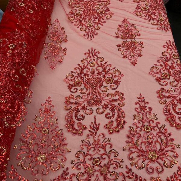 Red Beaded Lace Fabric, Gold Sequins Floral Tulle Bridal Evening Gown Material (By the Yard)