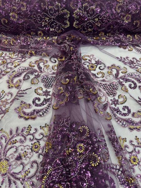 Purple Gold Beaded Lace Fabric, Sequin Embroidered Tulle Evening Dress Bridal Couture