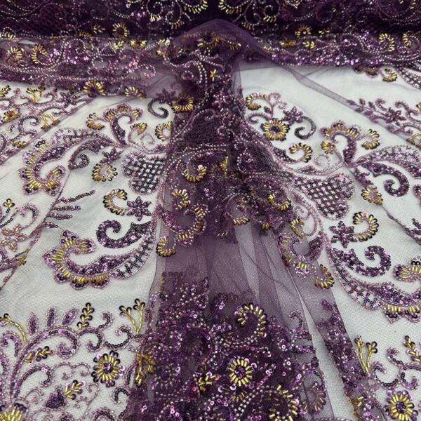 Purple Gold Beaded Lace Fabric, Sequin Embroidered Tulle Evening Dress Bridal Couture