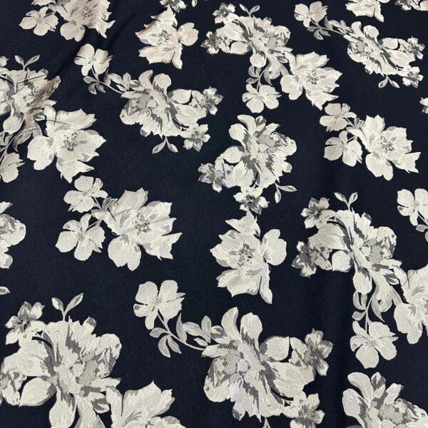 Black Floral Brocade Fabric White Flower Jacquard, Luxury Dress Textile