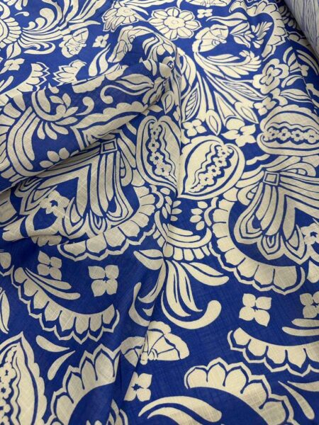 Blue White Floral Cotton Linen Fabric by Yard  Vintage Print Summer Dress Blend