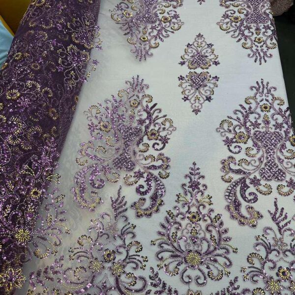 Purple Embroidered Sequin Tulle Lace Fabric by Yard Bridal Evening Dress Material