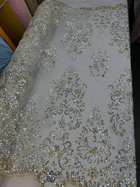 White Embroidered Sequin Tulle Lace Fabric by Yard Bridal Wedding Dress Couture