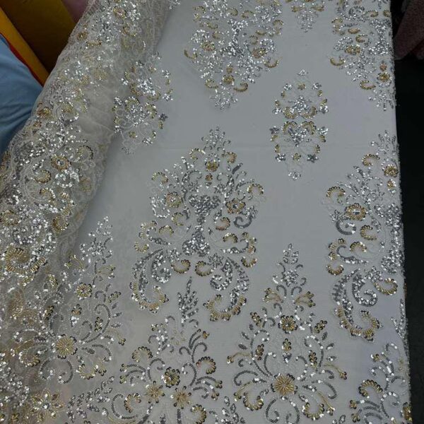 White Embroidered Sequin Tulle Lace Fabric by Yard Bridal Wedding Dress Couture