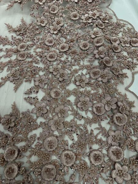 Light Mauve 3D Floral Lace Fabric by the Yard, Beaded Embroidered Lace, Luxury Bridal Lace, Pearl Sequin Lace, Couture Wedding Fabric