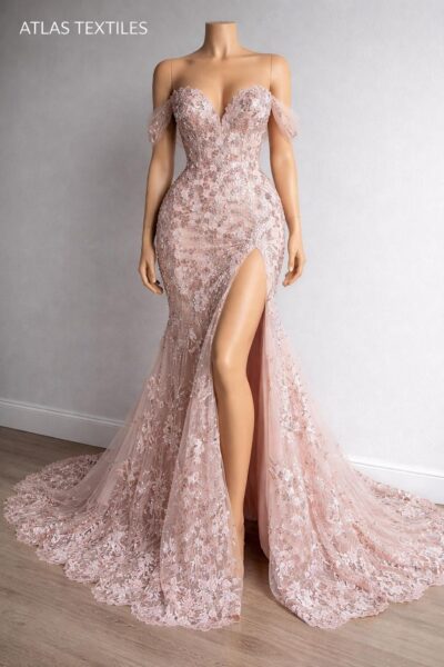 Blush Pink Sequin Lace Fabric by the Yard – Floral Embroidered Tulle Lace, Luxury Evening Dress Fabric, Bridal Lace, Couture Fabric