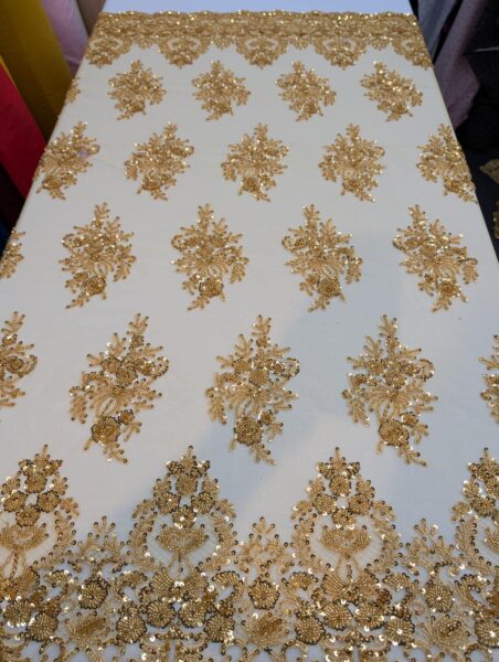 Gold Beaded Lace Fabric – Sequin Embroidered Tulle Couture Bridal Gown Material