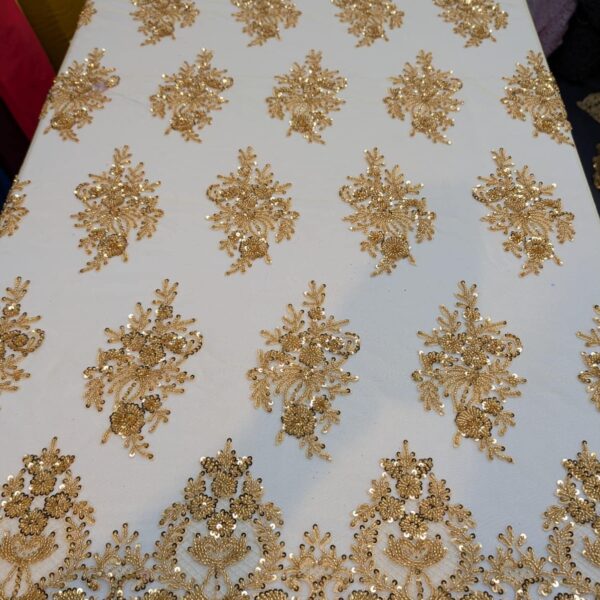 Gold Beaded Lace Fabric – Sequin Embroidered Tulle Couture Bridal Gown Material