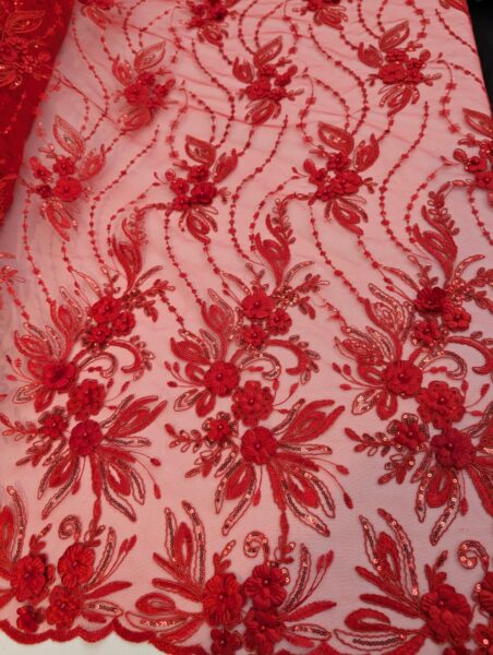 Red 3D Floral Lace Fabric by Yard  Beaded Sequin Tulle Couture Bridal Evening Dress