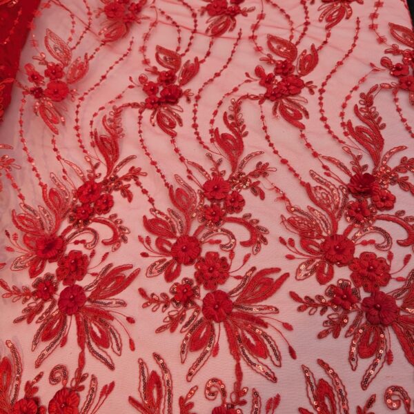 Red 3D Floral Lace Fabric by Yard  Beaded Sequin Tulle Couture Bridal Evening Dress