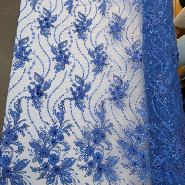 Royal Blue 3D Floral Lace Fabric by Yard  Beaded Sequin Tulle Couture Evening Dress