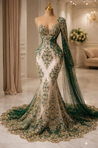 Emerald Green Gold Beaded Lace Fabric Luxury Floral Tulle Couture Evening Bridal By Yard