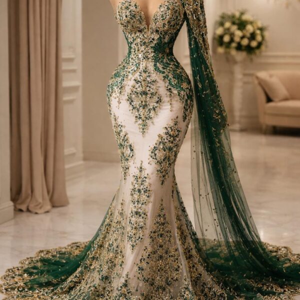 Emerald Green Gold Beaded Lace Fabric Luxury Floral Tulle Couture Evening Bridal By Yard