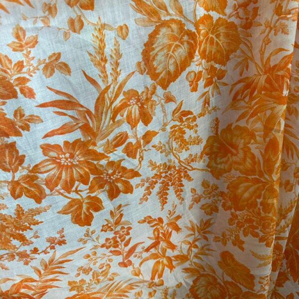 100% Linen Orange Floral Fabric  Lightweight Tropical Summer Dress Material