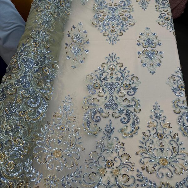 Blue Silver Sequin Lace Fabric by Yard Embroidered Tulle Bridal Evening Dress Material