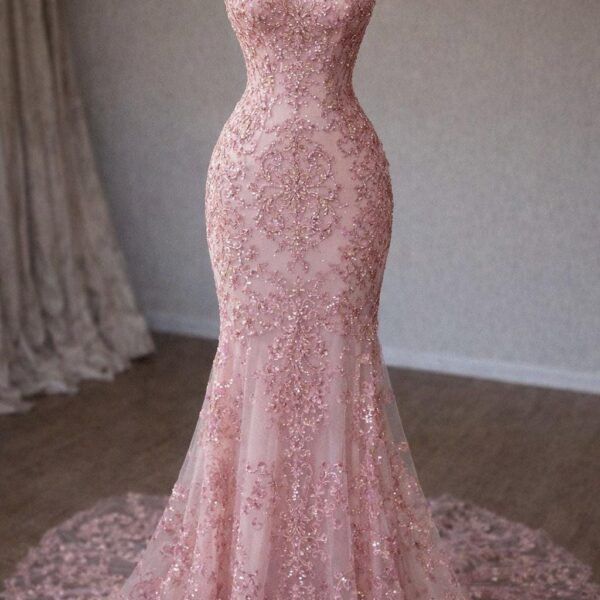 Pink Embroidered Sequin Tulle Lace Fabric by Yard Bridal Evening Dress Fabric