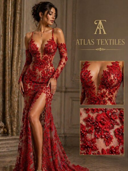 Luxury Red 3D Floral Lace Fabric by the Yard, Beaded Embroidered Lace, Bridal Lace, Couture Evening Dress Fabric, Pearl Sequin Lace