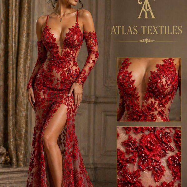 Luxury Red 3D Floral Lace Fabric by the Yard, Beaded Embroidered Lace, Bridal Lace, Couture Evening Dress Fabric, Pearl Sequin Lace