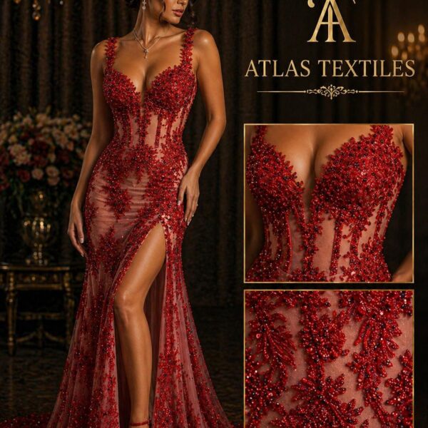 Red Beaded Lace Fabric, Embroidered Tulle Sequins Bridal Evening Dress Wedding Fabric
