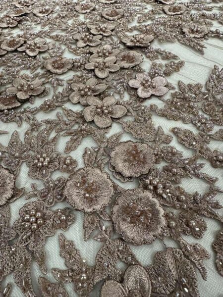 Dark Mauve 3D Floral Lace Fabric by the Yard, Beaded Embroidered Lace, Luxury Bridal Lace, Pearl Sequin Lace, Couture Evening Fabric