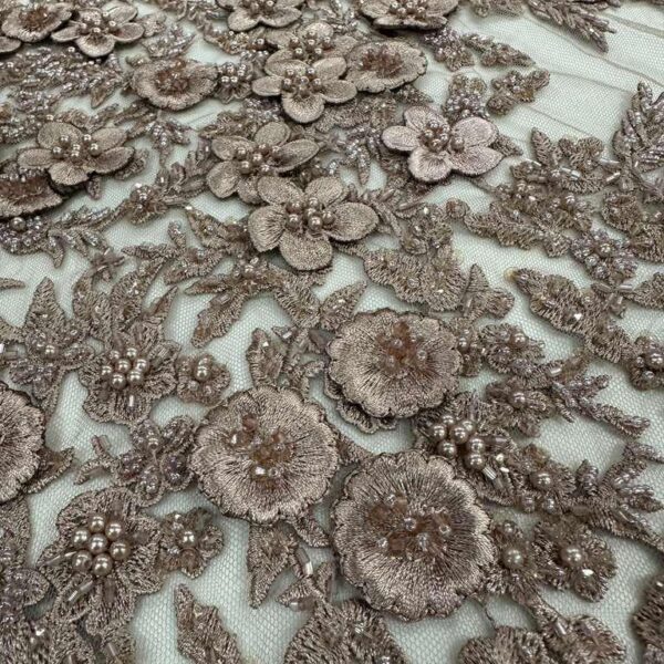 Dark Mauve 3D Floral Lace Fabric by the Yard, Beaded Embroidered Lace, Luxury Bridal Lace, Pearl Sequin Lace, Couture Evening Fabric