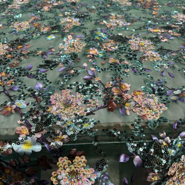 Luxury Green Sequin Floral Lace Fabric by the Yard – Multicolor Embroidered Tulle, Elegant Evening Dress Lace, Designer Fabric