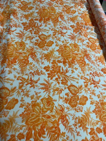 100% Linen Floral Fabric, Orange Tropical Print Linen, Natural Linen Fabric By The Yard, Summer Dress Fabric, Breathable Linen Material