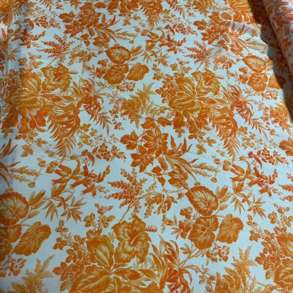 100% Linen Floral Fabric, Orange Tropical Print Linen, Natural Linen Fabric By The Yard, Summer Dress Fabric, Breathable Linen Material