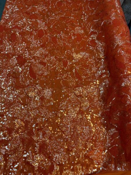 Orange 4 Way Stretch Sequin Lace Fabric – Luxury Glitter Floral Lace, Evening Dress Fabric, Prom Gown, Bridal, Couture Material