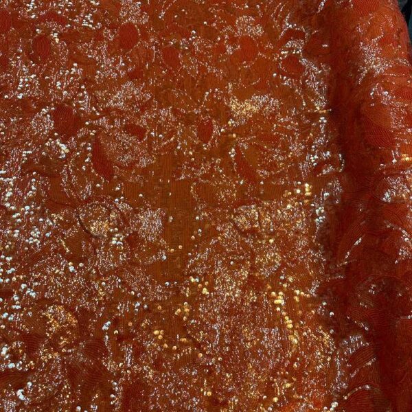 Orange 4 Way Stretch Sequin Lace Fabric – Luxury Glitter Floral Lace, Evening Dress Fabric, Prom Gown, Bridal, Couture Material
