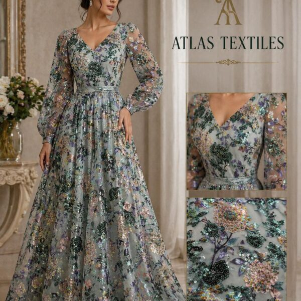 Luxury Teal Blue Sequin Lace Fabric by the Yard – 3D Floral Embroidered Tulle, Multicolor Couture Lace, Evening Gown & Bridal Fabric