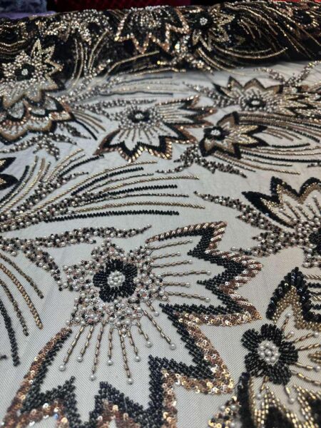 Black Silver Floral Sequin Lace Fabric by the Yard, Luxury Embroidered Mesh Lace, Beaded Evening Dress Fabric, Formal Gown Lace Material