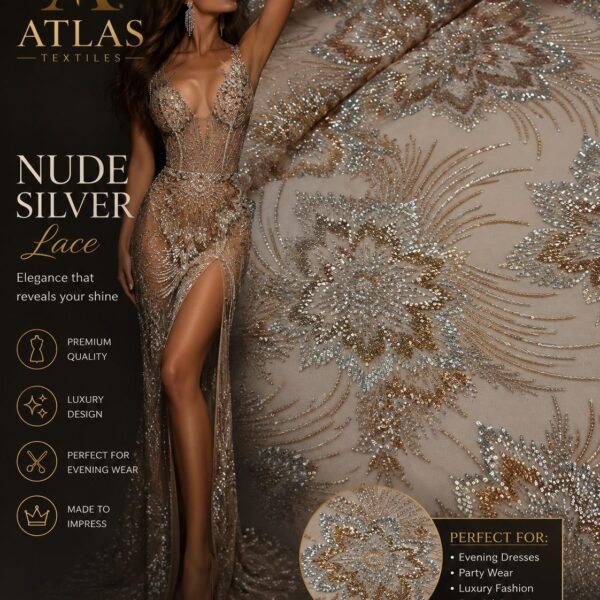 Nude Silver Sequin Lace Fabric by the Yard, Luxury Beaded Embroidered Mesh Lace, Bridal Evening Dress Fabric, Couture Wedding Lace Material