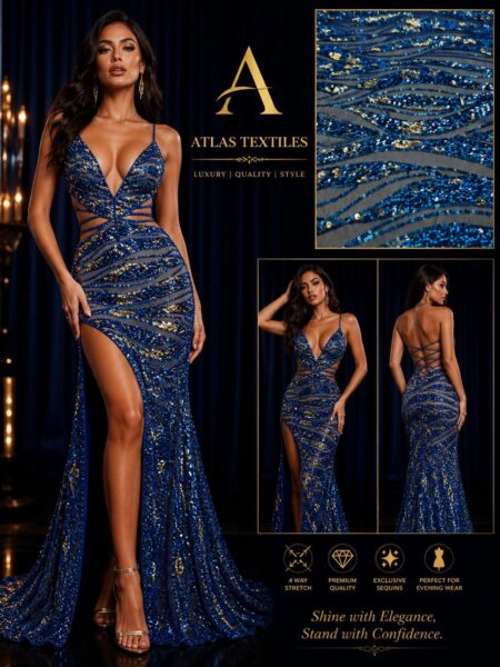 Luxury Royal Blue Sequin Lace Fabric, 4 Way Stretch Mesh, Sparkly Blue Gold Sequin Fabric, Evening Dress Fabric, Prom Gown Material