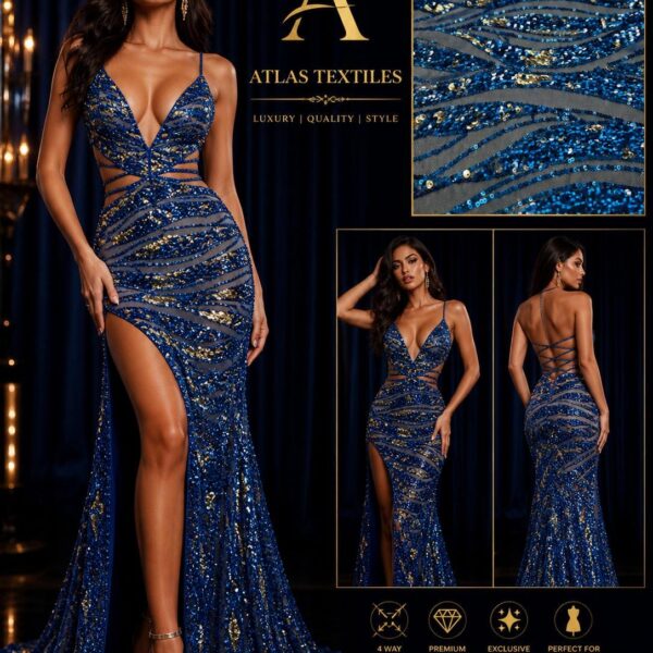 Luxury Royal Blue Sequin Lace Fabric, 4 Way Stretch Mesh, Sparkly Blue Gold Sequin Fabric, Evening Dress Fabric, Prom Gown Material